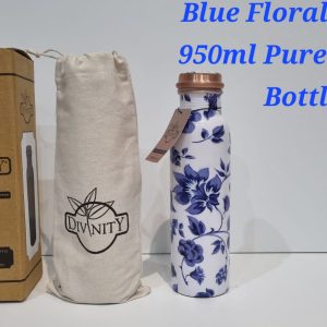 Pure Copper Water Bottle 950ml - Blue Floral Design | Copper Water Bottle Drishti Trading